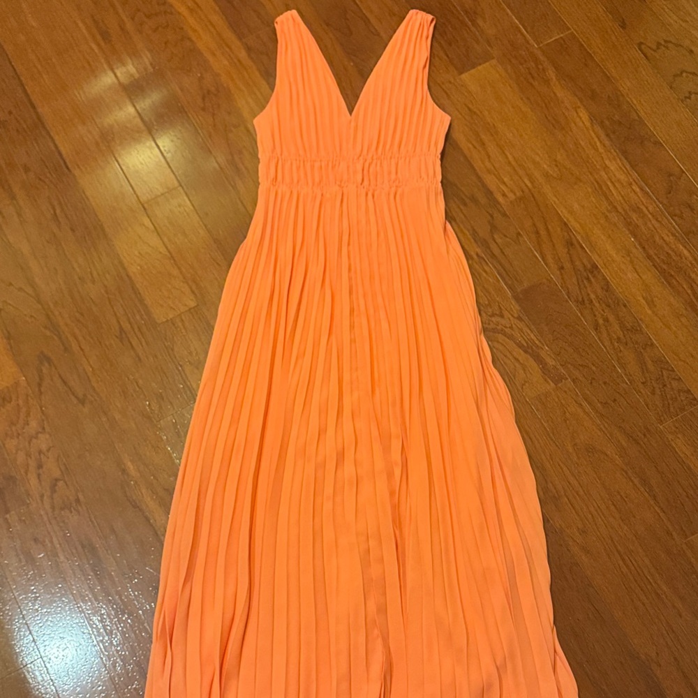 Express Pleated V-Neck Maxi Dress in Coral